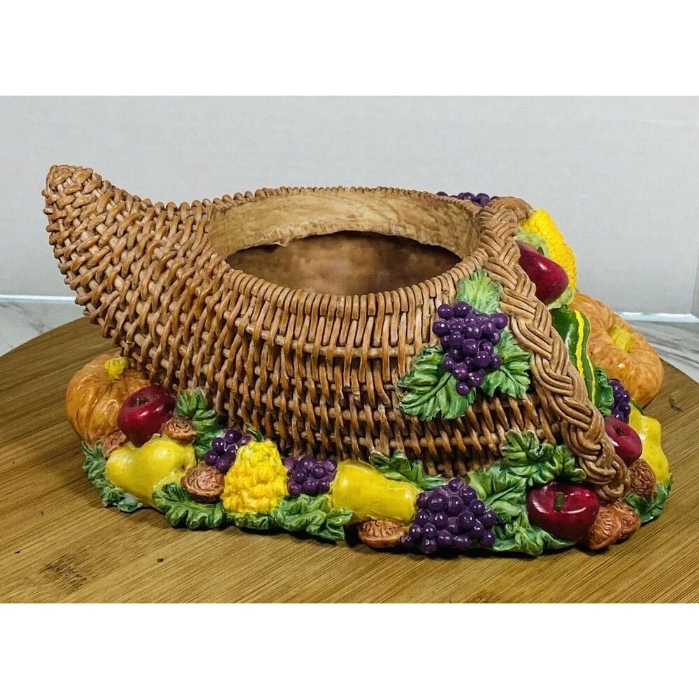 Vtg Colorful Cornucopia Hard Poly Tabletop Fruits Vegetable Thanksgiving Deco